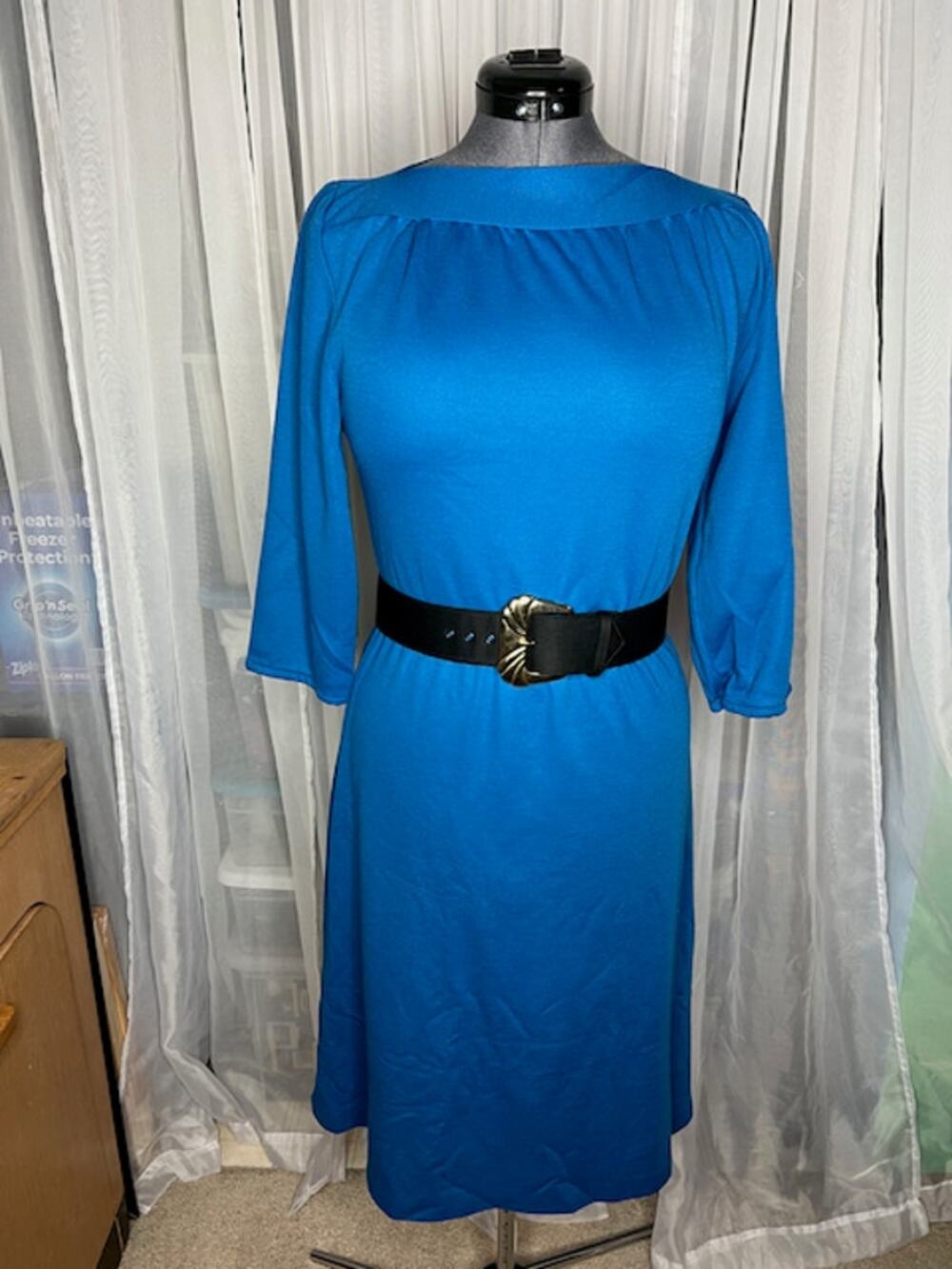dress stretch knit boat neck blue